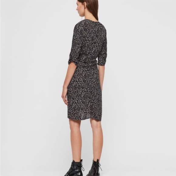 ALLSAINTS Josephine Waterleo Short Sleeve Ruched Leopard Print Mini Dress - Picture 3 of 12